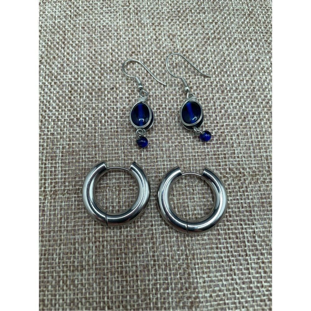 Earring Bundle 2 Pair Silver Pierced Earrings Blu… - image 8
